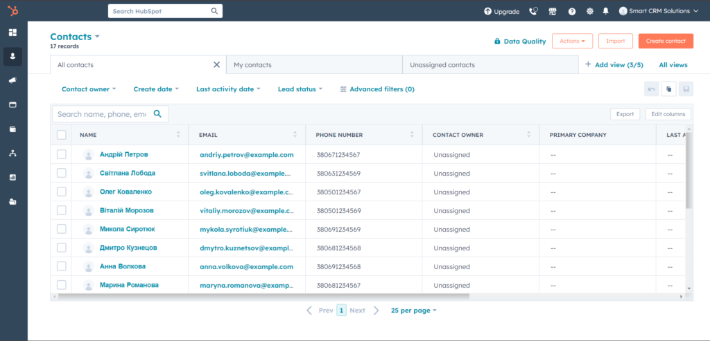 Безкоштовна Hubpsot CRM: Розділ Контактів